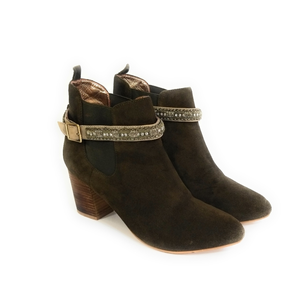 Anthropologie Miss Albright Olive Green Suede Ankle Booties Womens Size 8.5
